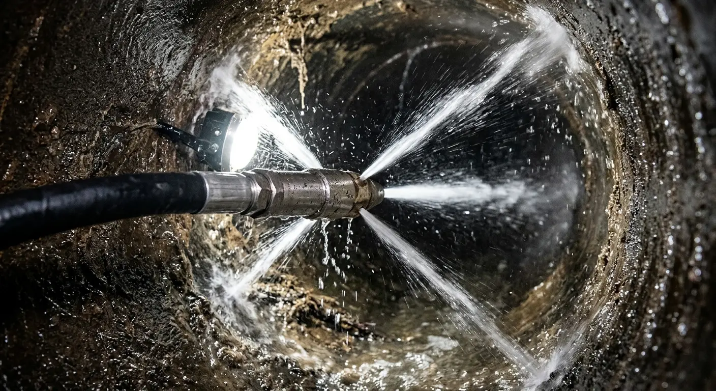 High-pressure hydro jetting nozzle cleaning sewer pipe for Sewer Cleanout in Heber