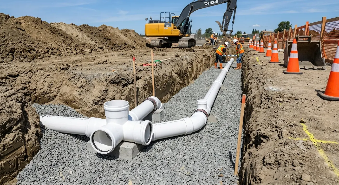 New PVC sewer pipe installation in open trench for Commercial Drain Cleaning in Heber