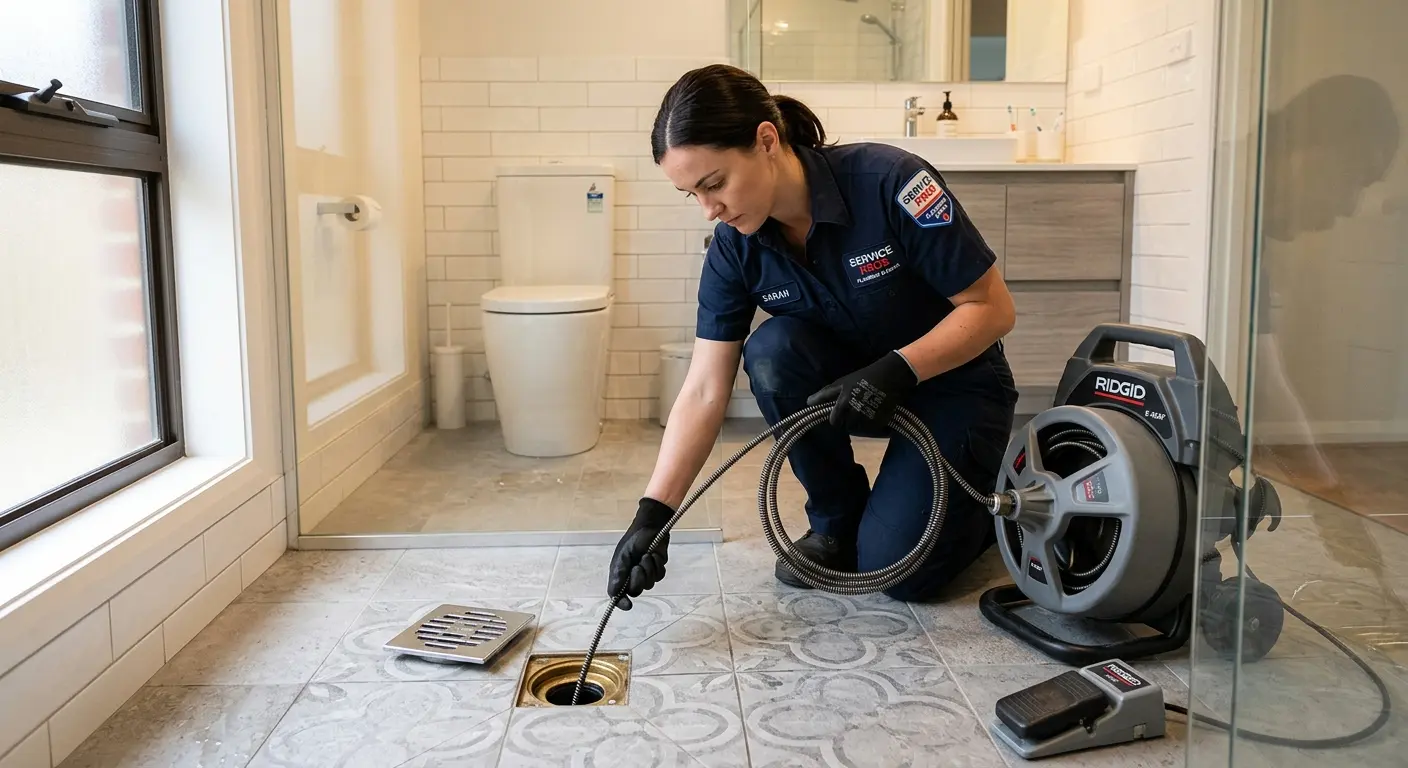 Technician clearing a bathroom floor drain for Clogged Drain Repair in Heber